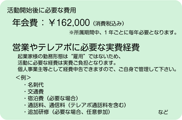 活動開始後に必要な費用、<br />
年会費：￥162,000（消費税込み）、<br />
営業やテレアポに必要な実費経費