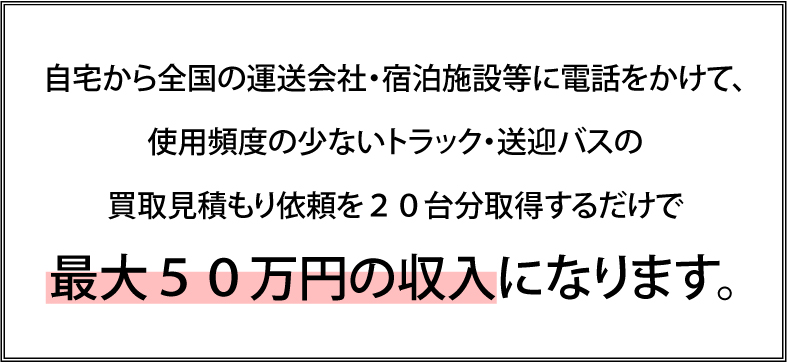 自宅から全国の運送会社・宿泊施設等に電話をかけて、使用頻度の少ないトラック・送迎バスの買取見積もり依頼を２０台分取得するだけで最大５０万円の収入になります。